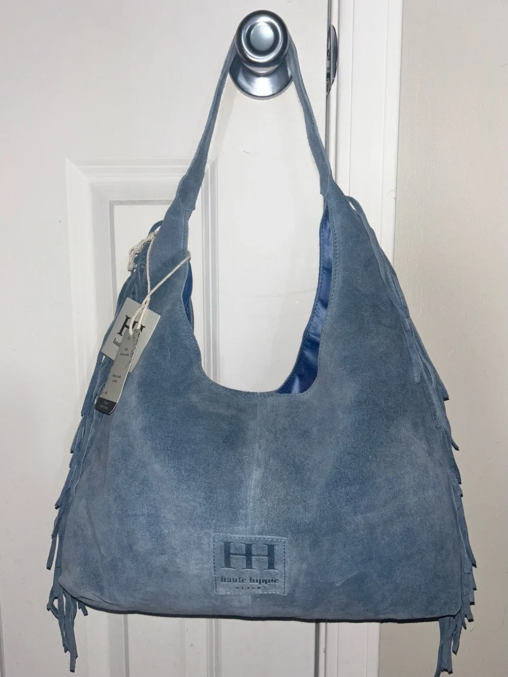 NWT Haute Hippie Festive Light Blue Suede Fringe Hobo Shoulder Bag